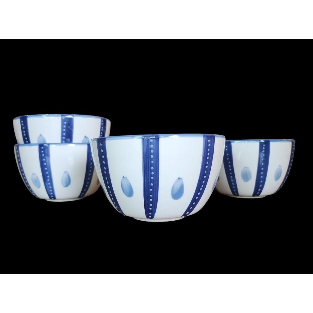 Set of 4 - Pottery Barn Tiburon Blue White Ceramic Cereal Bowls Microwave Safe